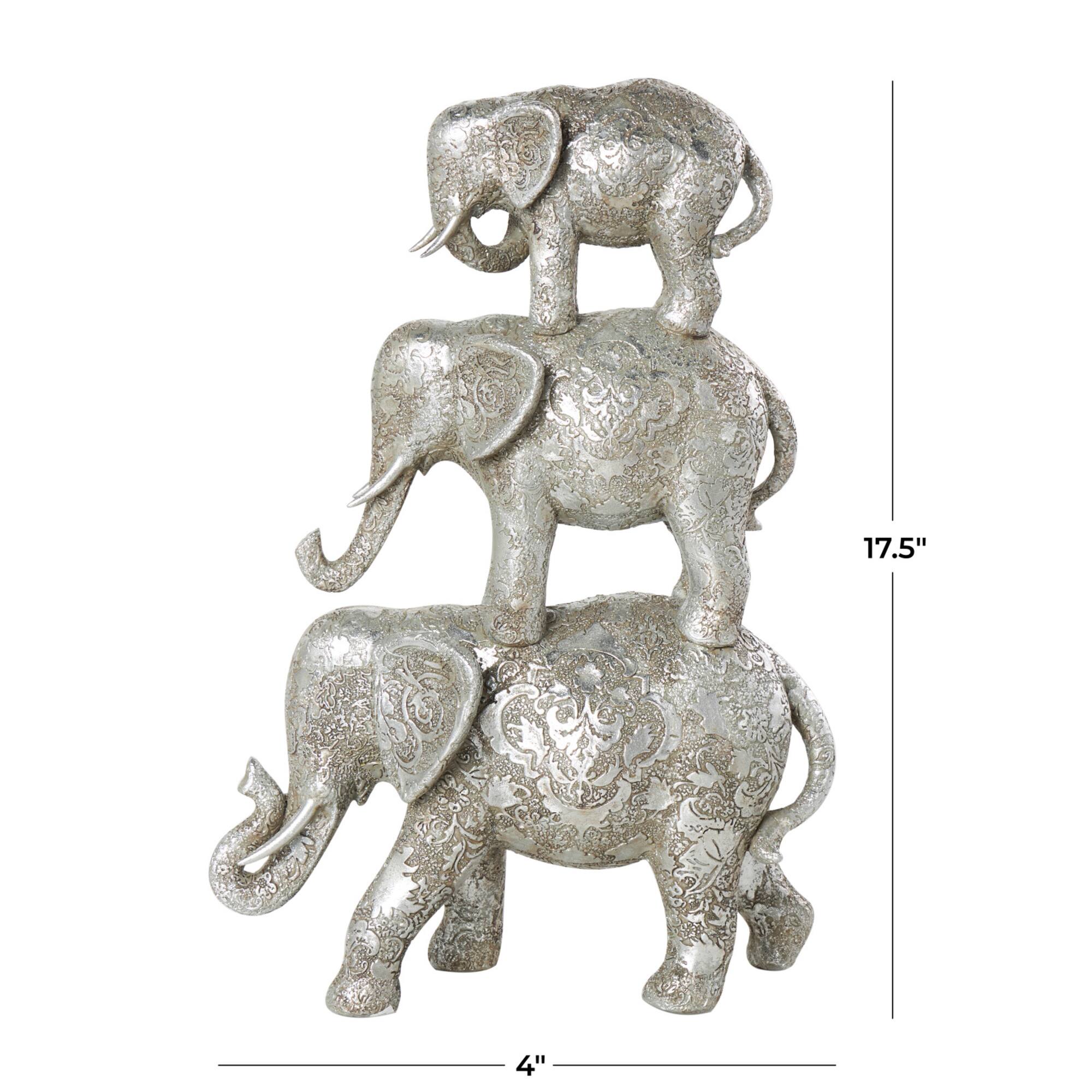 18" Silver Polystone Elephant Floral Engraved Stacked Sculpture